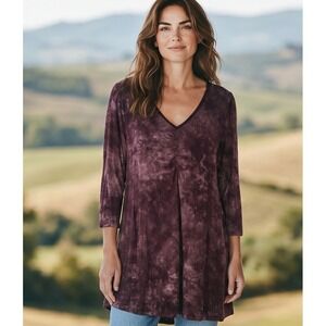 MONNURO Shirt Womens 5XL Brown Tie-Dye V-Neck 3/4 Sleeve Swing‎ Top Blouse Tunic